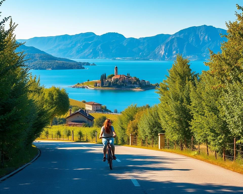 A picturesque travel scene capturing the journey to Lake Garda from Germany. In the foreground, a serene, winding road bordered by lush green trees, with a couple in modest casual clothing happily riding on bicycles, enjoying their journey. In the middle ground, charming Italian countryside unfolds, featuring vineyards and quaint villages with classic stone houses. The background showcases the breathtaking view of the sparkling blue waters of Lake Garda, framed by majestic mountains under a clear blue sky. The lighting is warm, suggesting late afternoon, casting soft shadows and creating a peaceful, inviting atmosphere that reflects a relaxed travel experience. The camera angle is slightly elevated, offering a panoramic view that conveys a sense of adventure and tranquility.