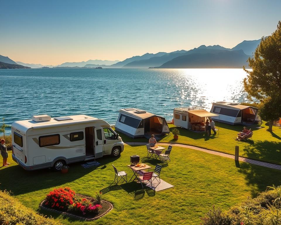 A scenic lakeside camping spot at Lake Garda, featuring several well-maintained pitches with comfortable tents and caravans set directly by the water’s edge. In the foreground, a cozy camper van is parked on a grassy site, surrounded by vibrant flowers and lush greenery, with outdoor seating and a small barbecue set up. In the middle ground, families are enjoying various activities such as children playing, adults preparing meals, and couples relaxing by the water. The background showcases the stunning lake itself, with gentle waves shimmering under the golden sunlight, framed by majestic mountains and a clear blue sky. The atmosphere is serene and inviting, capturing the essence of a perfect camping experience by the lake. Use soft, natural lighting to enhance the tranquil mood.