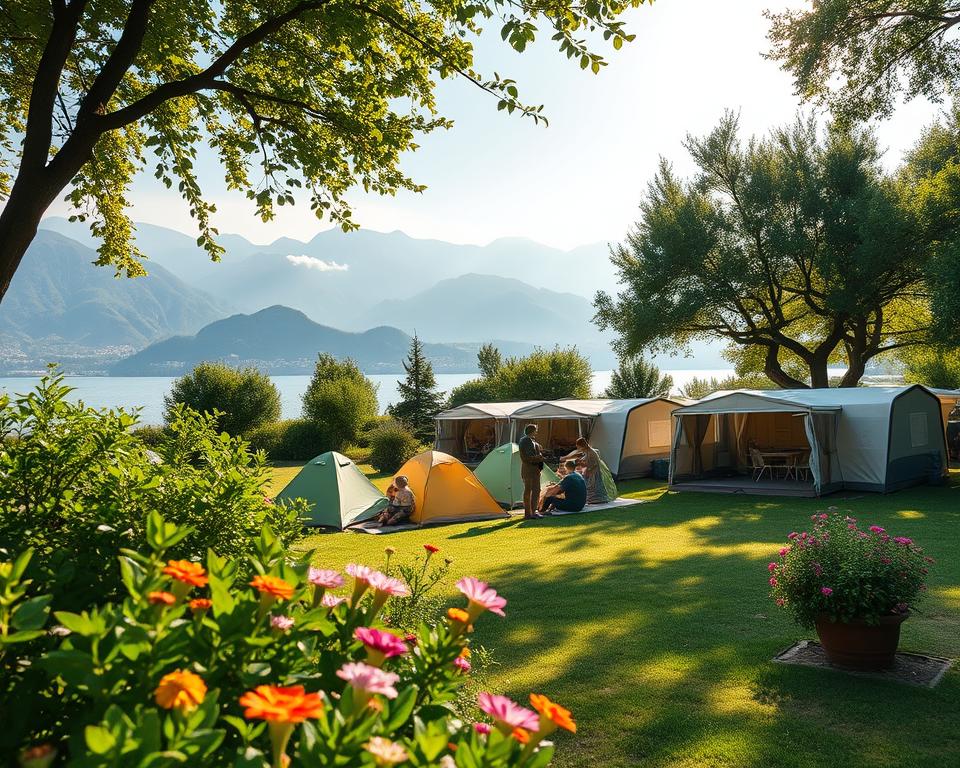 A serene lakeside camping scene at Camping Spiaggia on Lake Garda, showcasing lush greenery and vibrant flowers in the foreground. In the middle ground, a collection of well-placed tents in muted colors, with families spending time together, dressed in modest casual clothing, enjoying outdoor activities. The background features the majestic hills and mountains of the surrounding area, partially shrouded in soft morning mist. The sunlight filters through the trees, casting gentle, dappled shadows on the ground. Use a wide-angle lens to capture the expansive scenery, with warm, inviting lighting that conveys a peaceful and natural atmosphere, perfect for a camping experience. No text or watermarks included.
