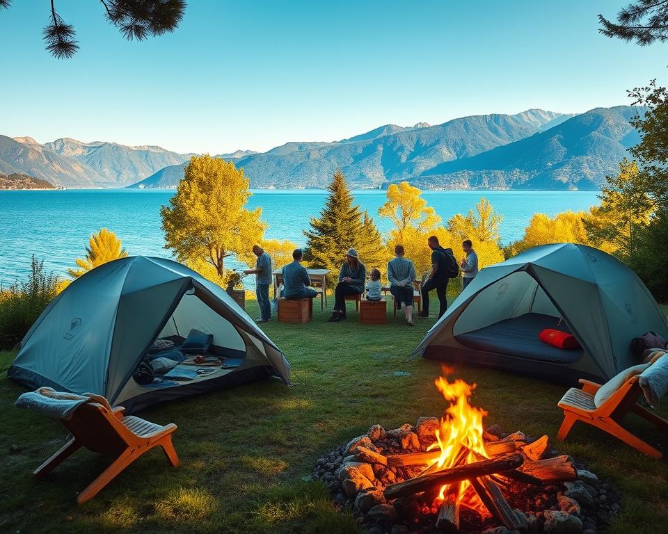A serene lakeside camping scene at Lake Garda, featuring a cozy campsite with a well-placed tent amidst lush greenery. In the foreground, a campfire crackles gently, surrounded by comfortable seating made from natural materials. The middle ground showcases families and friends engaging in outdoor activities, such as fishing and hiking, all dressed in casual, modest clothing. The background reveals the stunning blue waters of Lake Garda, framed by towering mountains and vibrant trees reflecting the golden hues of a late afternoon sun. The overall atmosphere is warm and inviting, capturing the essence of a perfect day spent in nature, with soft rays of light illuminating the scene and enhancing the peaceful harmony of the environment.