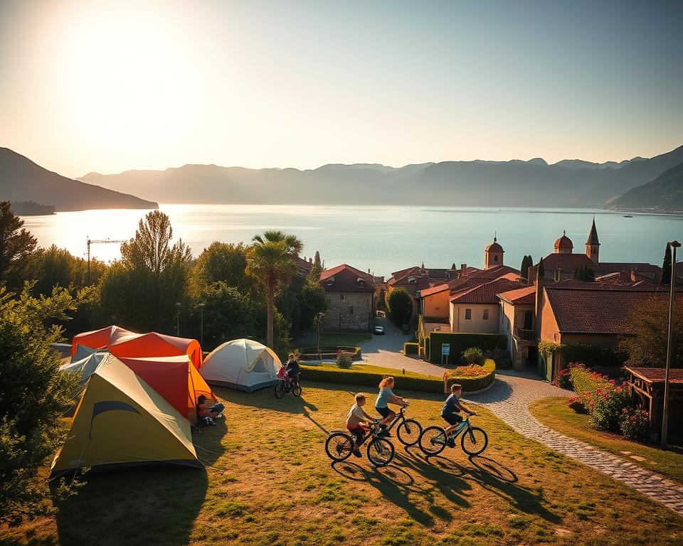 A serene lakeside scene at Lake Garda, showcasing iconic nearby attractions. In the foreground, a peaceful camping area with tents set against lush greenery, families enjoying nature activities. The middle ground features playful children cycling along a scenic path that leads to a charming medieval village with terracotta roofs and vibrant flowers adorning the cobblestone streets. The background displays the stunning lake shimmering under a golden sunset, framed by the majestic, rolling hills of the Italian countryside. Soft, warm lighting casts long shadows, creating a tranquil and inviting atmosphere. The composition is captured from a slightly elevated angle to encompass both the vibrant camping area and the breathtaking landscape beyond, evoking a sense of adventure and relaxation intertwined.