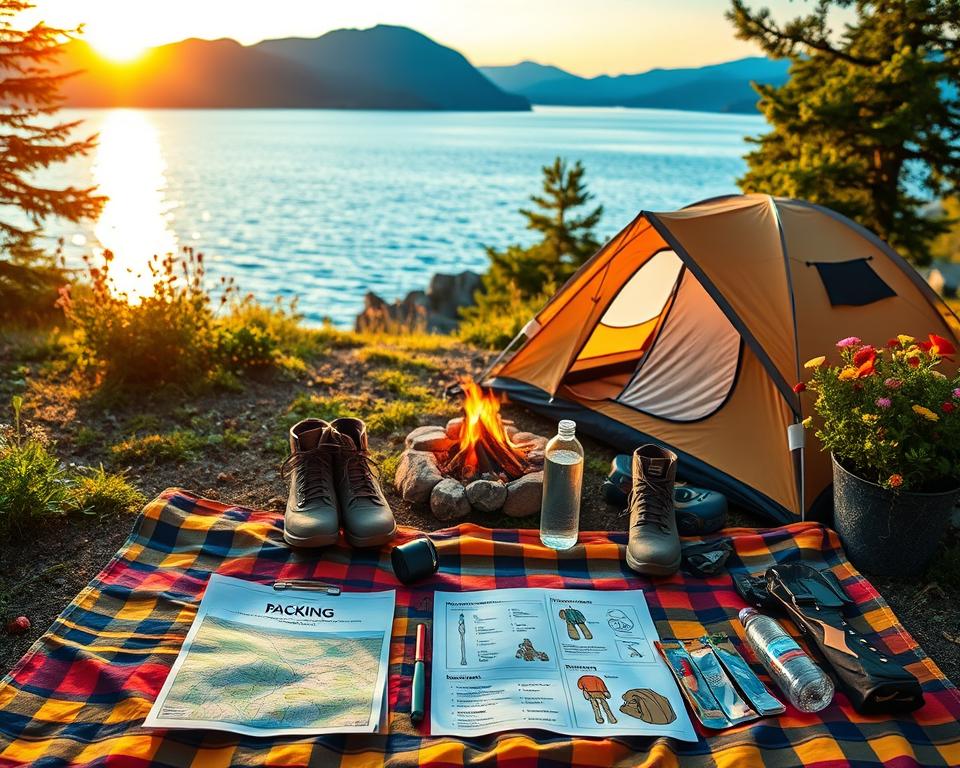 A vibrant camping scene at Lake Garda, Italy, showcasing a neatly arranged campsite. In the foreground, a colorful picnic blanket is spread out, featuring an organized packing list with items like a map, hiking boots, water bottles, and camping gear. The middle ground captures a cozy tent surrounded by lush greenery and wildflowers, with a small campfire gently glowing. In the background, the stunning blue waters of Lake Garda shimmer under a warm golden sunset, illuminating the sky with hues of orange and pink. Use soft, natural lighting to create a serene and inviting atmosphere. The angle should capture the depth of the landscape, inviting viewers into this nature experience, evoking feelings of adventure and tranquility.