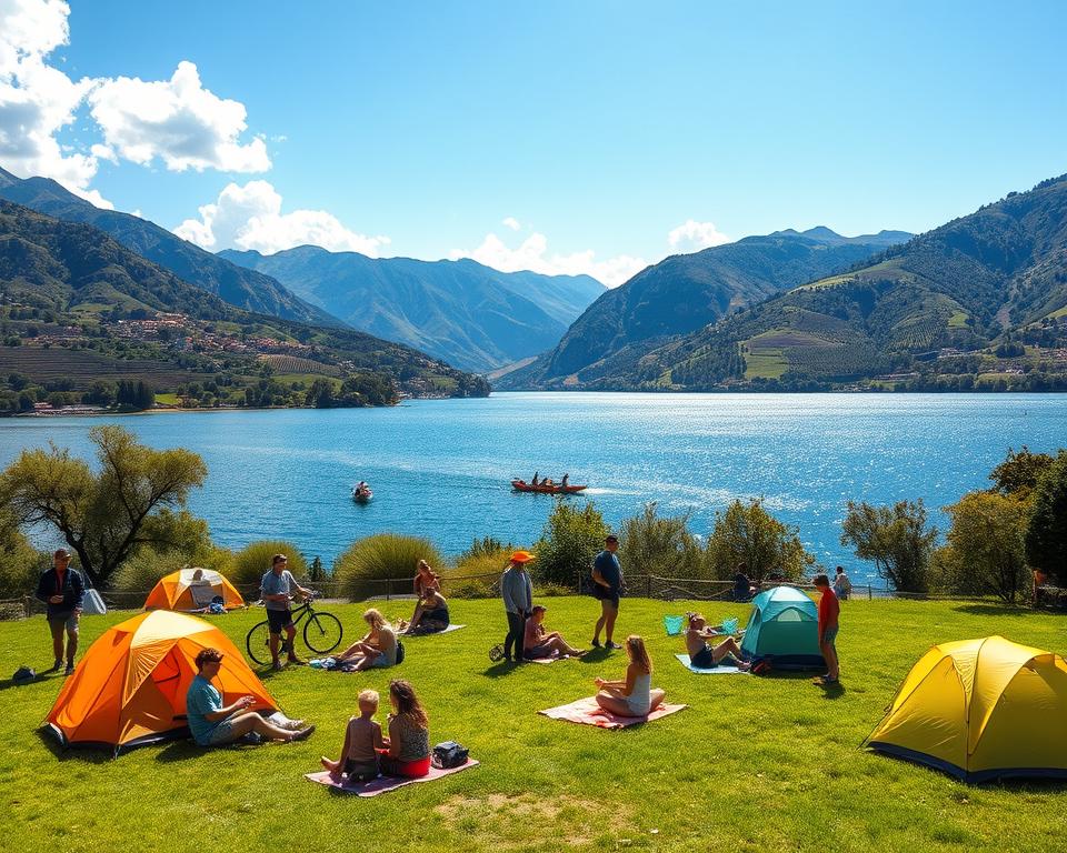 A vibrant scene of outdoor activities around Lake Garda, capturing a sunny day filled with adventure. In the foreground, families and friends are engaged in activities such as cycling, hiking, and picnicking on a lush green meadow, with colorful tents pitched nearby. In the middle ground, the crystal-clear lake glistens under the sunlight, reflecting the surrounding mountains. A few people are kayaking on the lake, adding a sense of action. In the background, the majestic hills are dotted with olive trees and terraced vineyards, under a bright blue sky with fluffy white clouds. The atmosphere is lively and joyful, evoking a sense of freedom and connection with nature. Soft, warm lighting to enhance the cheerful mood, captured from a slightly elevated angle to provide depth and a panoramic view of the picturesque landscape.